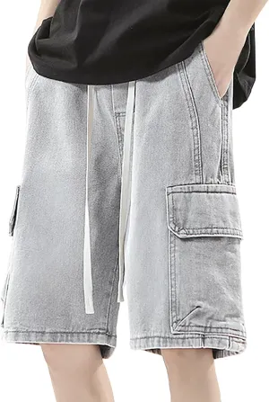 Mens Loose Hip Hop Mid Jean Shorts Baggy Denim Shorts with Pockets Summer Casual Streetwear Clothes