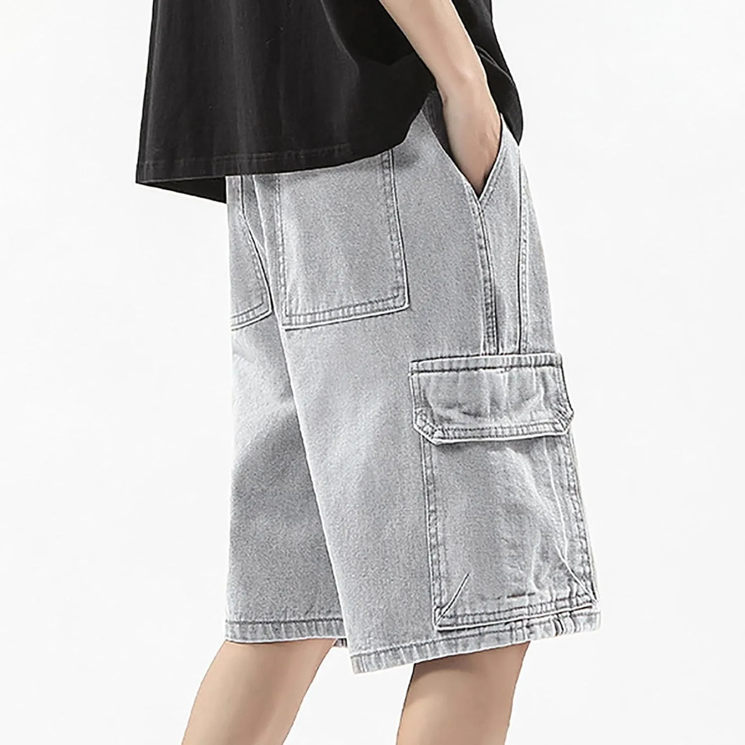 Mens Loose Hip Hop Mid Jean Shorts Baggy Denim Shorts with Pockets Summer Casual Streetwear Clothes