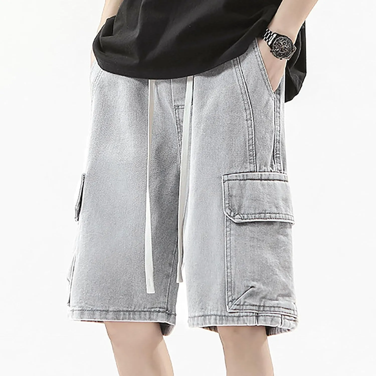 Mens Loose Hip Hop Mid Jean Shorts Baggy Denim Shorts with Pockets Summer Casual Streetwear Clothes