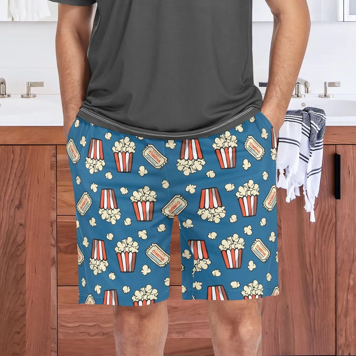 Men's Pajama Shorts Cartoon Snowman Sleep Shorts for Men Pajama Bottom Pants with Drawstring & Pockets S