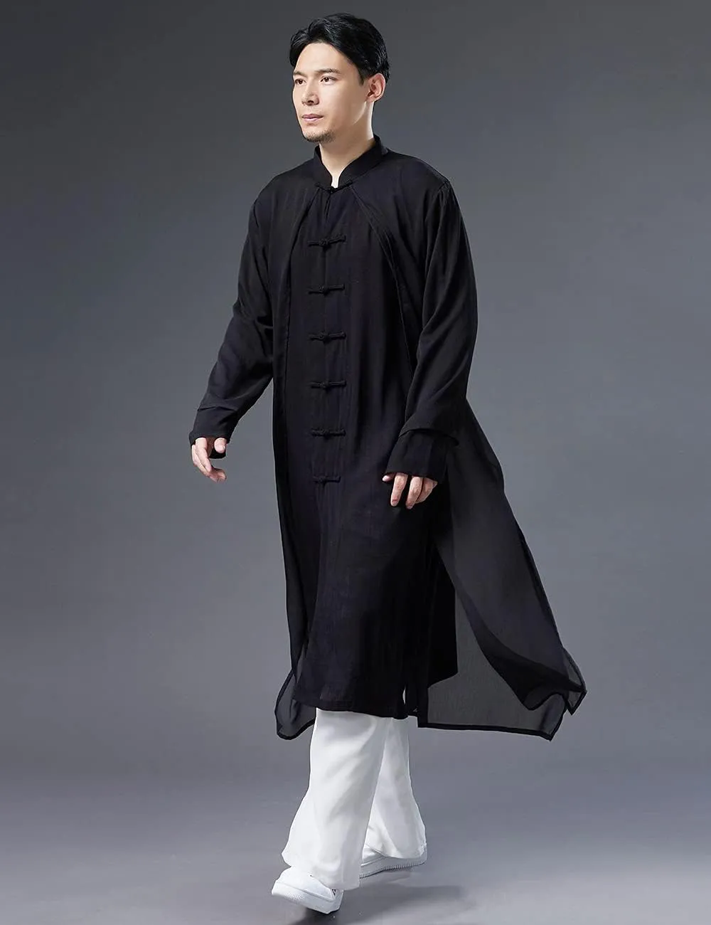 Men's Trench Coat Long Printed Tang Suit Kung Fu Cotton Linen Robe Chinese Style Fake Two Piece Jackets