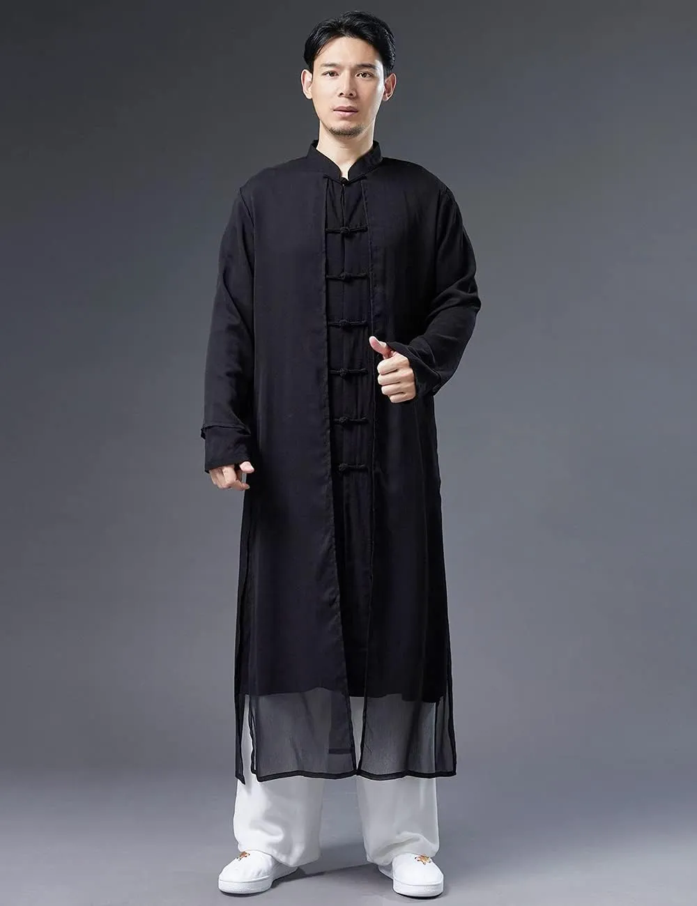 Men's Trench Coat Long Printed Tang Suit Kung Fu Cotton Linen Robe Chinese Style Fake Two Piece Jackets