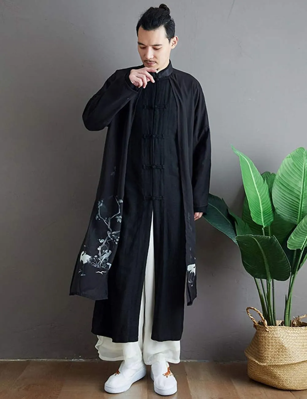 Men's Trench Coat Long Printed Tang Suit Kung Fu Cotton Linen Robe Chinese Style Fake Two Piece Jackets