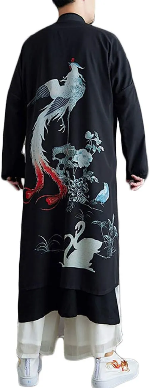Men's Trench Coat Long Printed Tang Suit Kung Fu Cotton Linen Robe Chinese Style Fake Two Piece Jackets