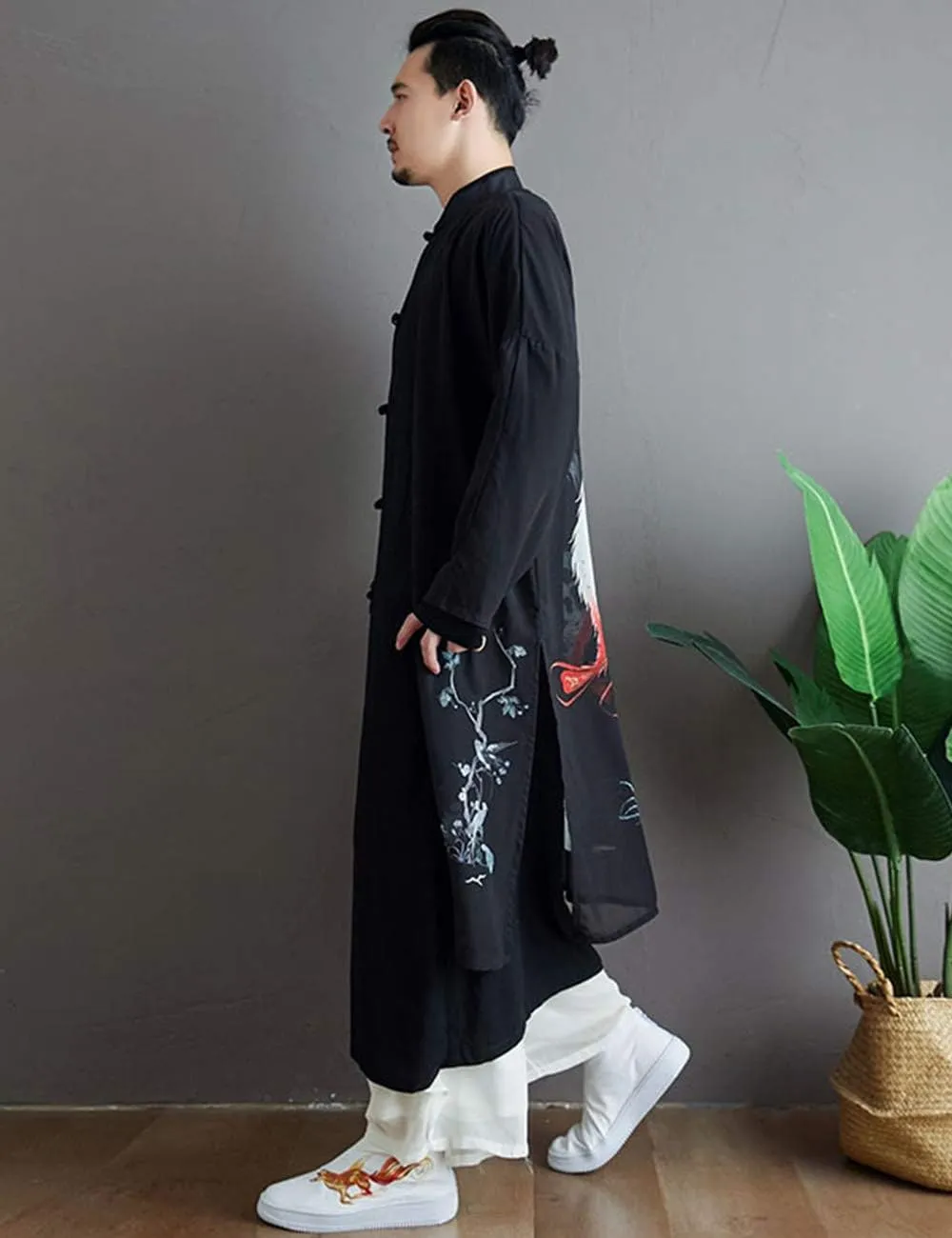 Men's Trench Coat Long Printed Tang Suit Kung Fu Cotton Linen Robe Chinese Style Fake Two Piece Jackets