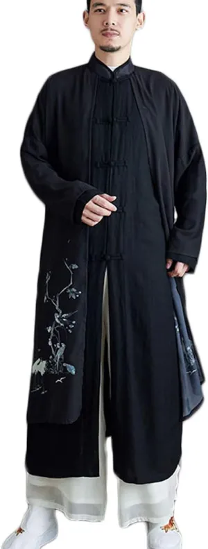 Men's Trench Coat Long Printed Tang Suit Kung Fu Cotton Linen Robe Chinese Style Fake Two Piece Jackets