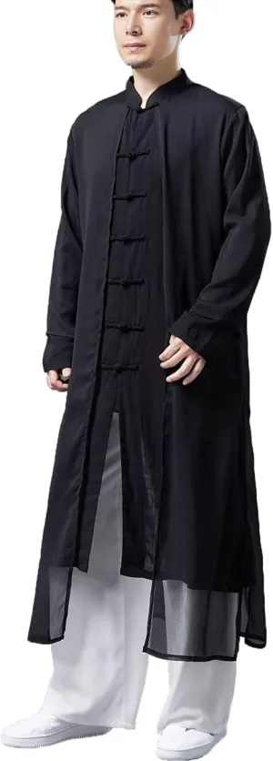 Men's Trench Coat Long Printed Tang Suit Kung Fu Cotton Linen Robe Chinese Style Fake Two Piece Jackets