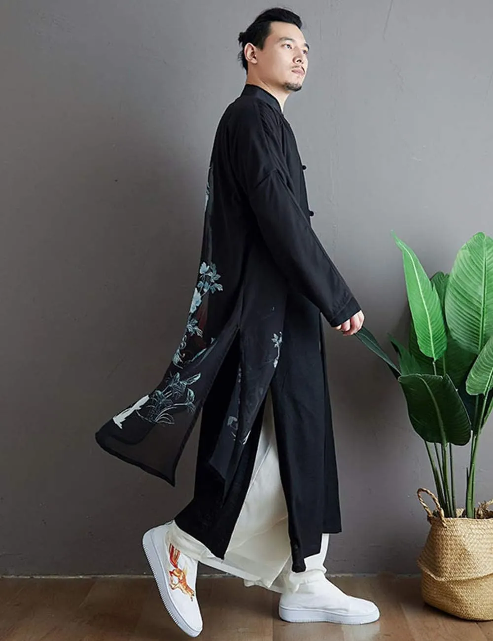 Men's Trench Coat Long Printed Tang Suit Kung Fu Cotton Linen Robe Chinese Style Fake Two Piece Jackets