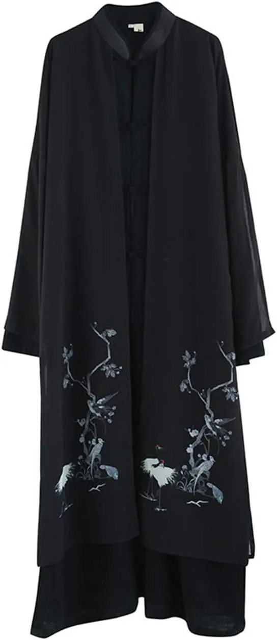 Men's Trench Coat Long Printed Tang Suit Kung Fu Cotton Linen Robe Chinese Style Fake Two Piece Jackets