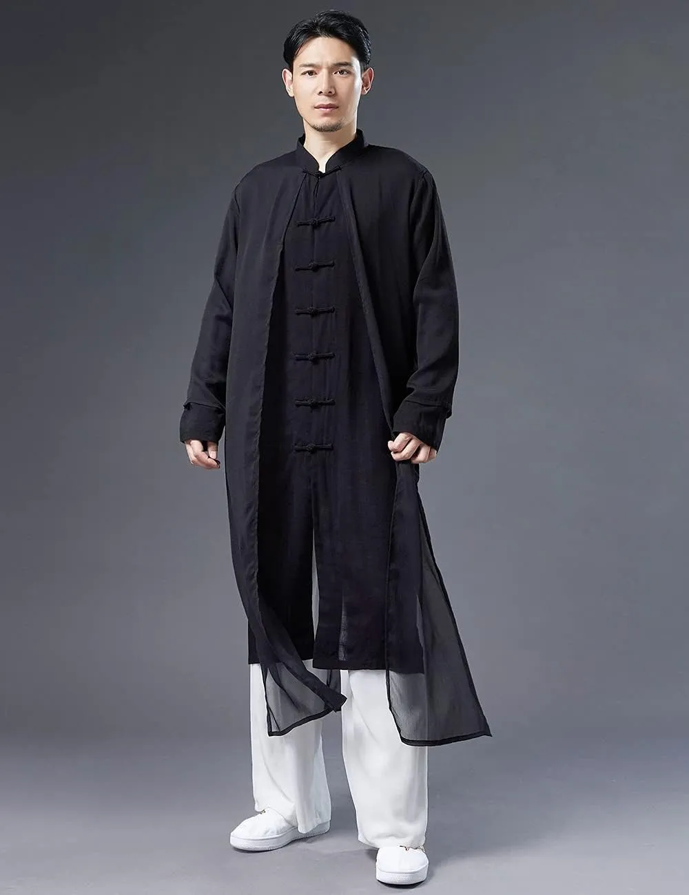 Men's Trench Coat Long Printed Tang Suit Kung Fu Cotton Linen Robe Chinese Style Fake Two Piece Jackets