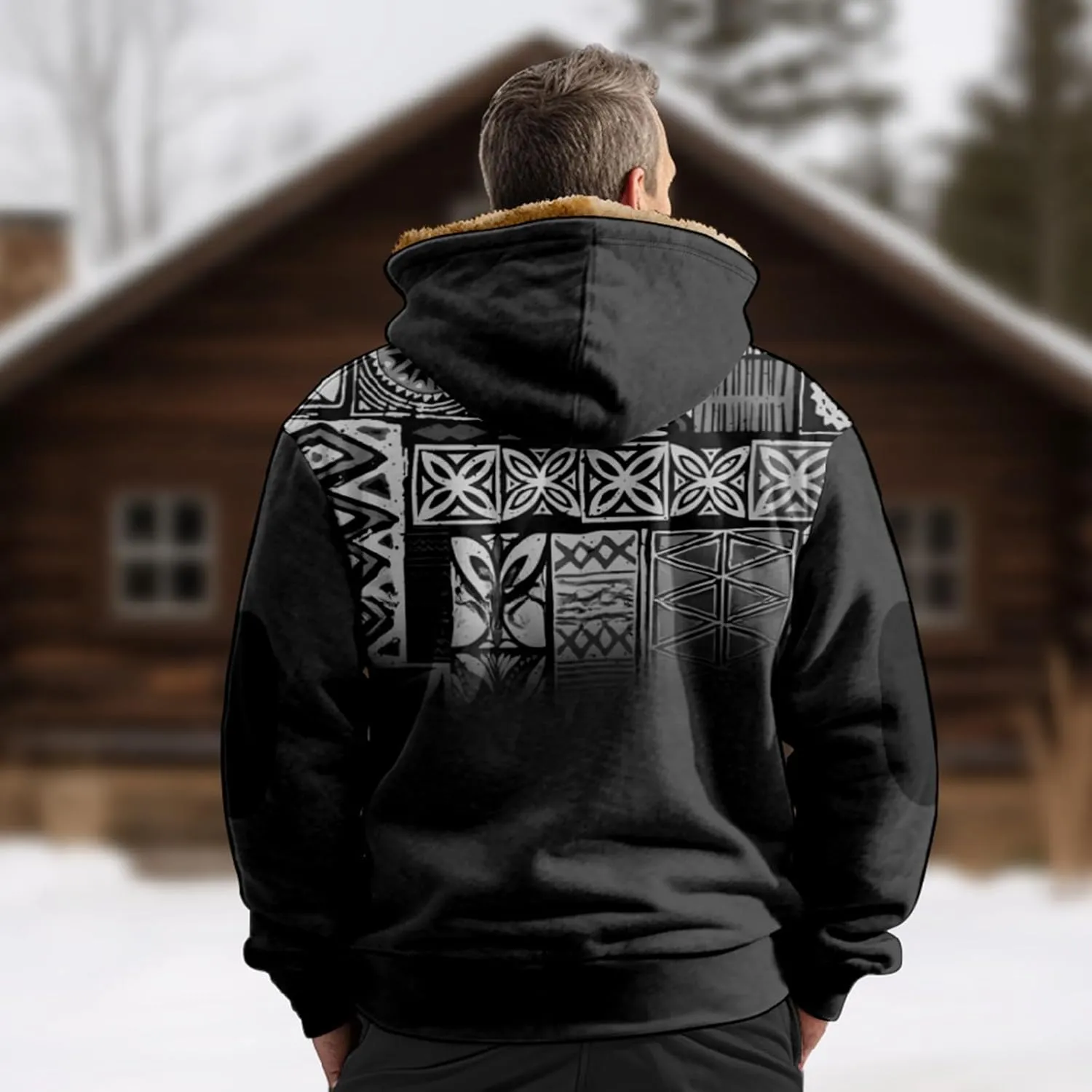 Men's Western Vintage Print Sherpa Fleece Lined Jackets Parka Warm Jacket Outerwear Windbreaker Varsity Coat Hooded