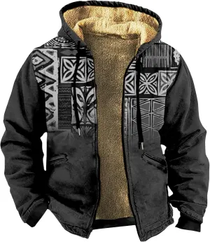 Men's Western Vintage Print Sherpa Fleece Lined Jackets Parka Warm Jacket Outerwear Windbreaker Varsity Coat Hooded