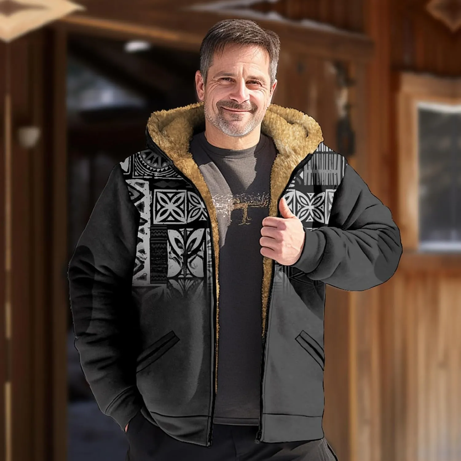 Men's Western Vintage Print Sherpa Fleece Lined Jackets Parka Warm Jacket Outerwear Windbreaker Varsity Coat Hooded