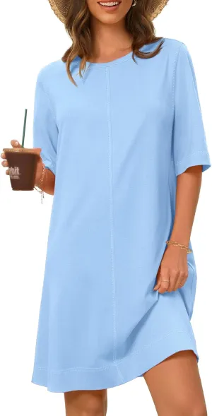MEROKEETY Women's 2025 Summer Short Sleeve Dress Crewneck Casual Mini Tshirt Dresses with Pockets