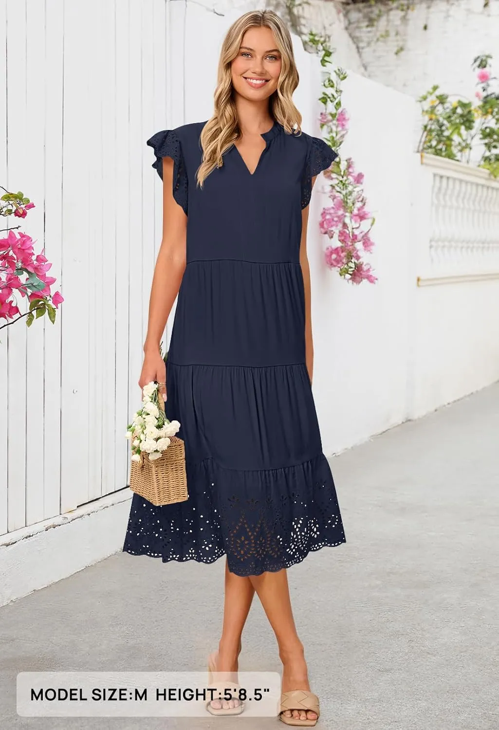 MEROKEETY Women's 2025 Summer Short Sleeve Midi Dress V Neck A-Line Ruffle Tiered Eyelet Casual Dresses