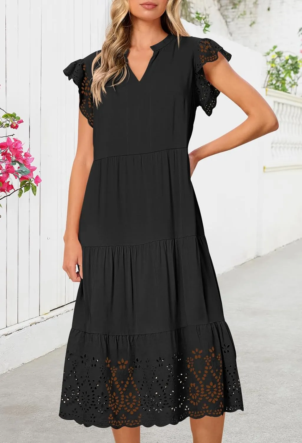 MEROKEETY Women's 2025 Summer Short Sleeve Midi Dress V Neck A-Line Ruffle Tiered Eyelet Casual Dresses