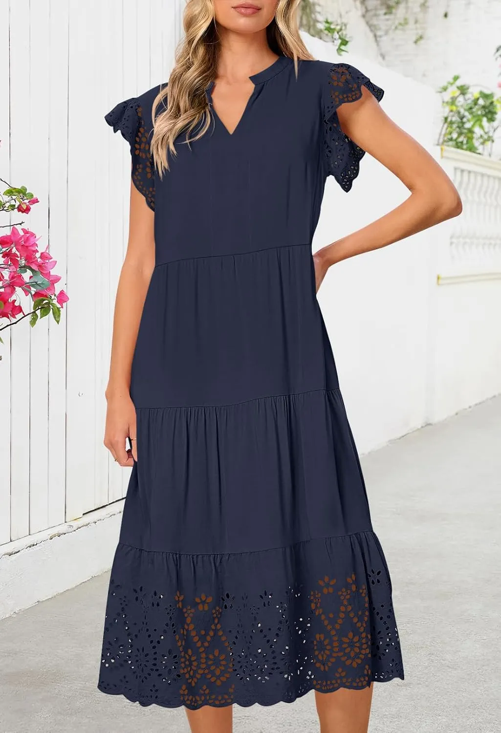 MEROKEETY Women's 2025 Summer Short Sleeve Midi Dress V Neck A-Line Ruffle Tiered Eyelet Casual Dresses