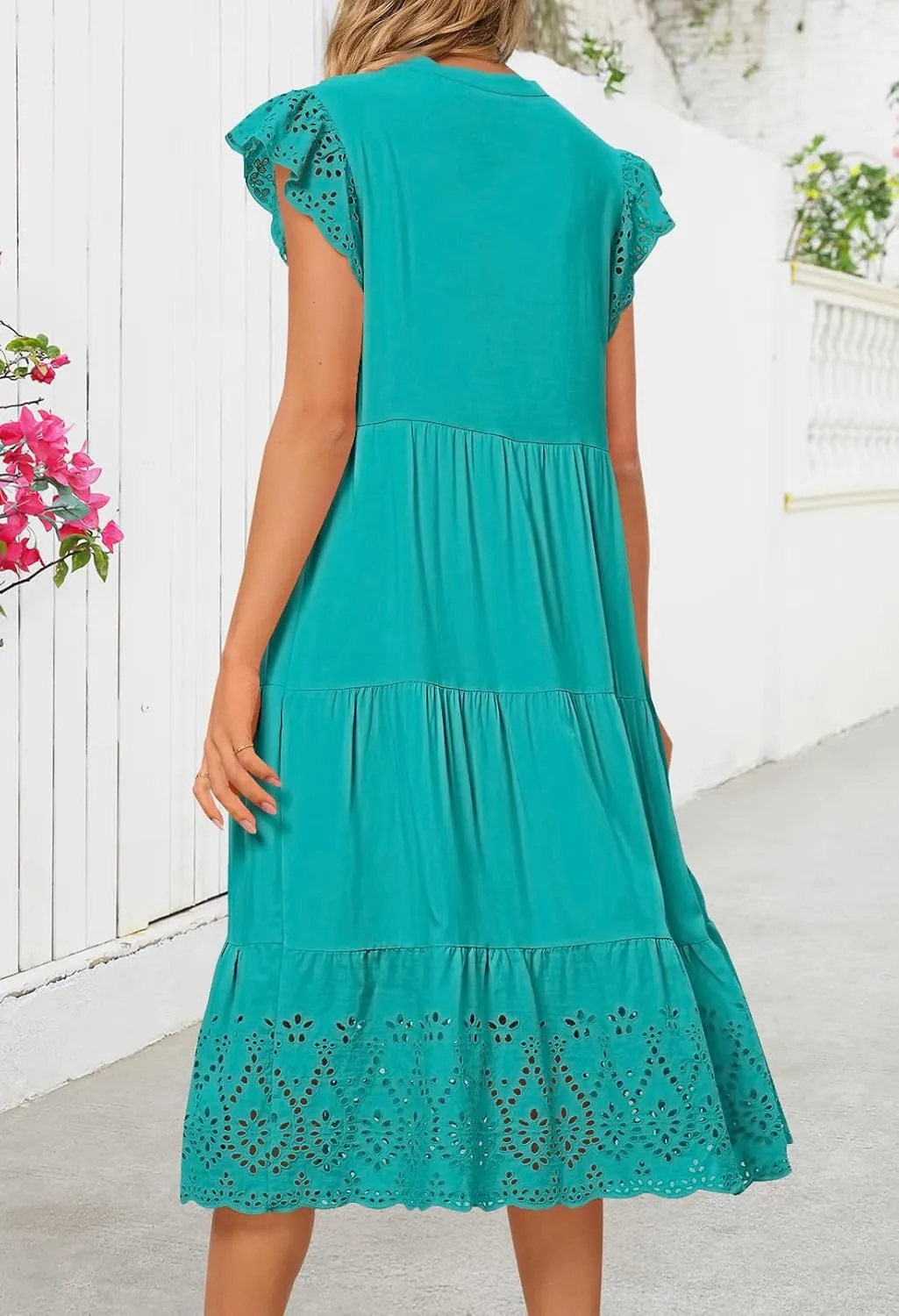 MEROKEETY Women's 2025 Summer Short Sleeve Midi Dress V Neck A-Line Ruffle Tiered Eyelet Casual Dresses