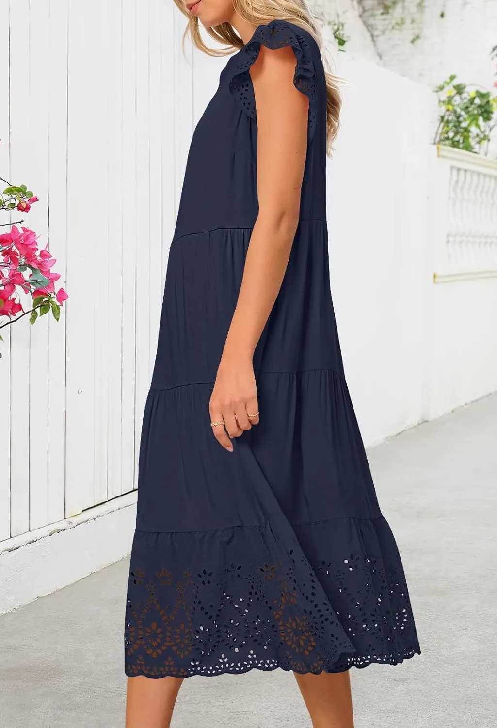 MEROKEETY Women's 2025 Summer Short Sleeve Midi Dress V Neck A-Line Ruffle Tiered Eyelet Casual Dresses