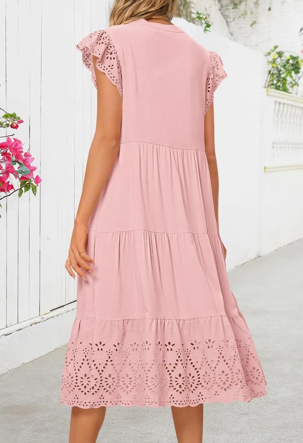 MEROKEETY Women's 2025 Summer Short Sleeve Midi Dress V Neck A-Line Ruffle Tiered Eyelet Casual Dresses