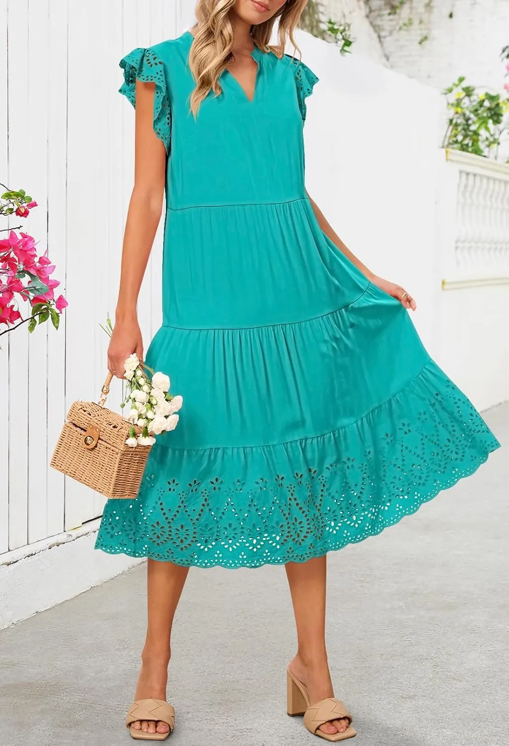 MEROKEETY Women's 2025 Summer Short Sleeve Midi Dress V Neck A-Line Ruffle Tiered Eyelet Casual Dresses