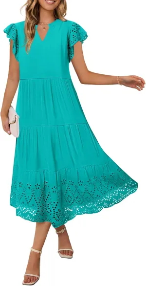 MEROKEETY Women's 2025 Summer Short Sleeve Midi Dress V Neck A-Line Ruffle Tiered Eyelet Casual Dresses