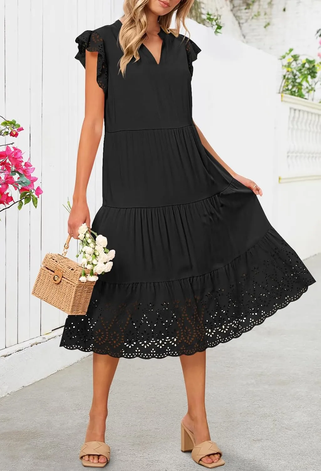 MEROKEETY Women's 2025 Summer Short Sleeve Midi Dress V Neck A-Line Ruffle Tiered Eyelet Casual Dresses