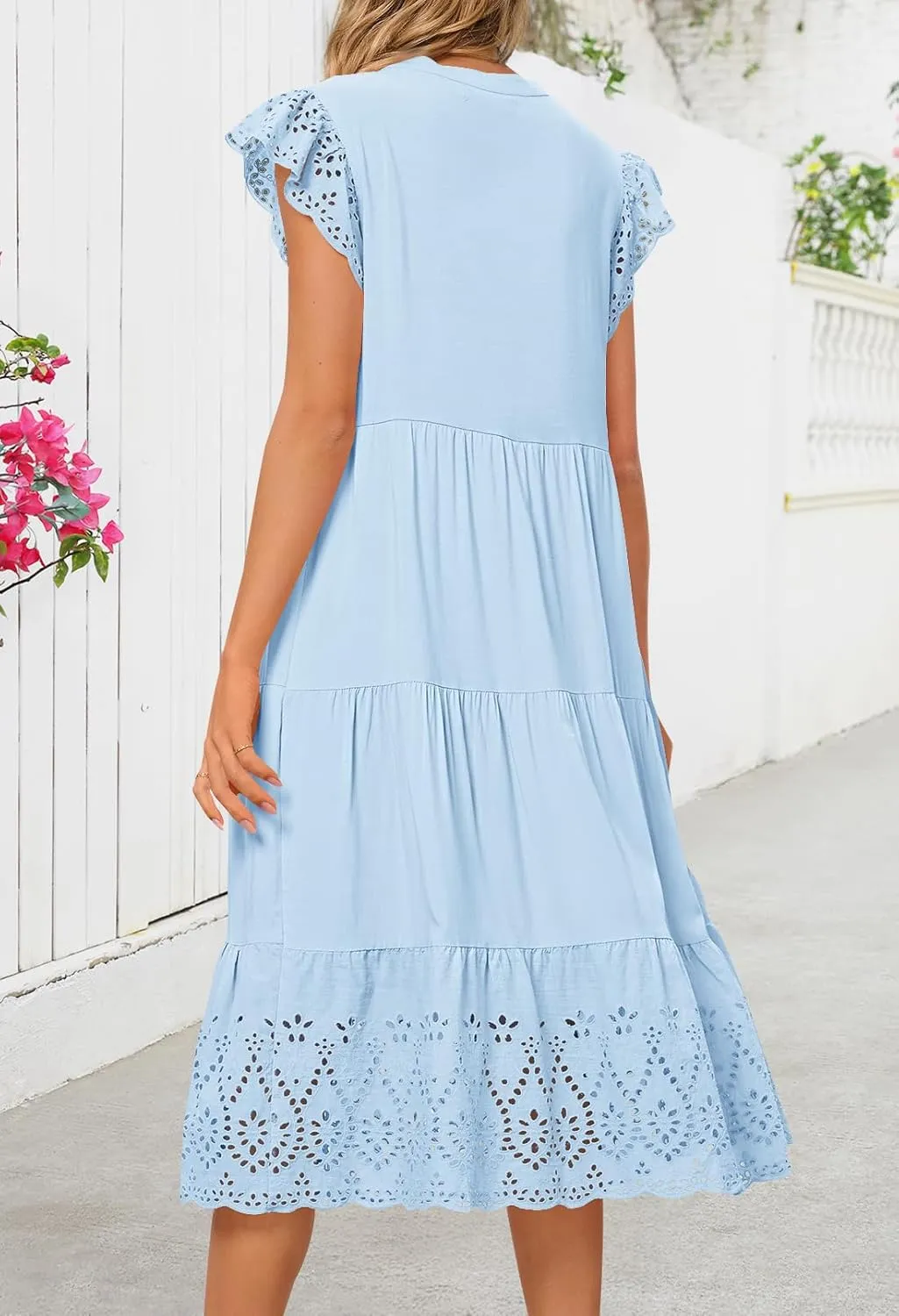 MEROKEETY Women's 2025 Summer Short Sleeve Midi Dress V Neck A-Line Ruffle Tiered Eyelet Casual Dresses