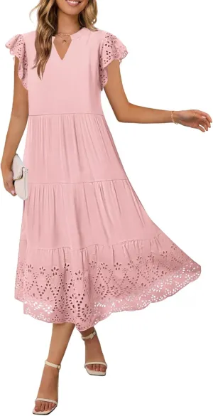 MEROKEETY Women's 2025 Summer Short Sleeve Midi Dress V Neck A-Line Ruffle Tiered Eyelet Casual Dresses
