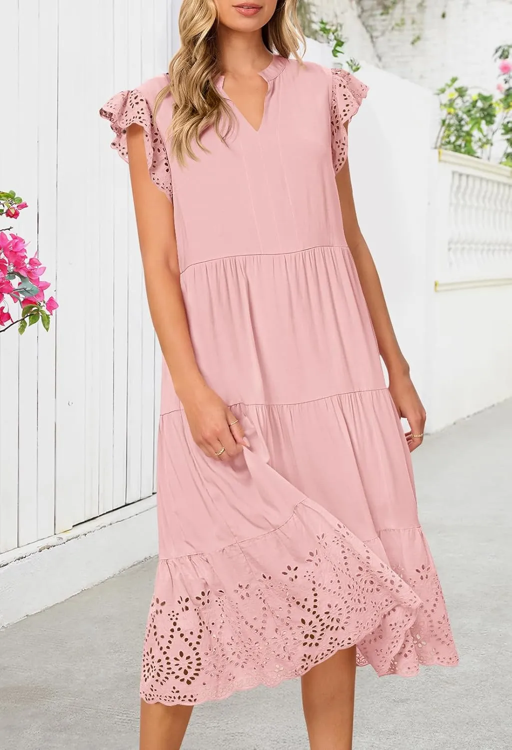 MEROKEETY Women's 2025 Summer Short Sleeve Midi Dress V Neck A-Line Ruffle Tiered Eyelet Casual Dresses
