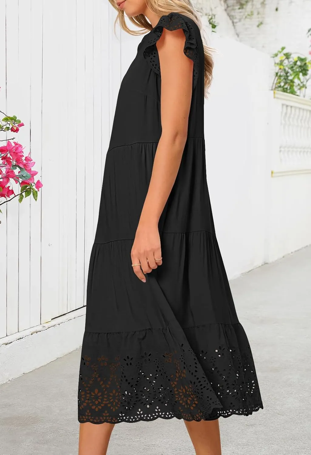 MEROKEETY Women's 2025 Summer Short Sleeve Midi Dress V Neck A-Line Ruffle Tiered Eyelet Casual Dresses