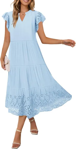MEROKEETY Women's 2025 Summer Short Sleeve Midi Dress V Neck A-Line Ruffle Tiered Eyelet Casual Dresses