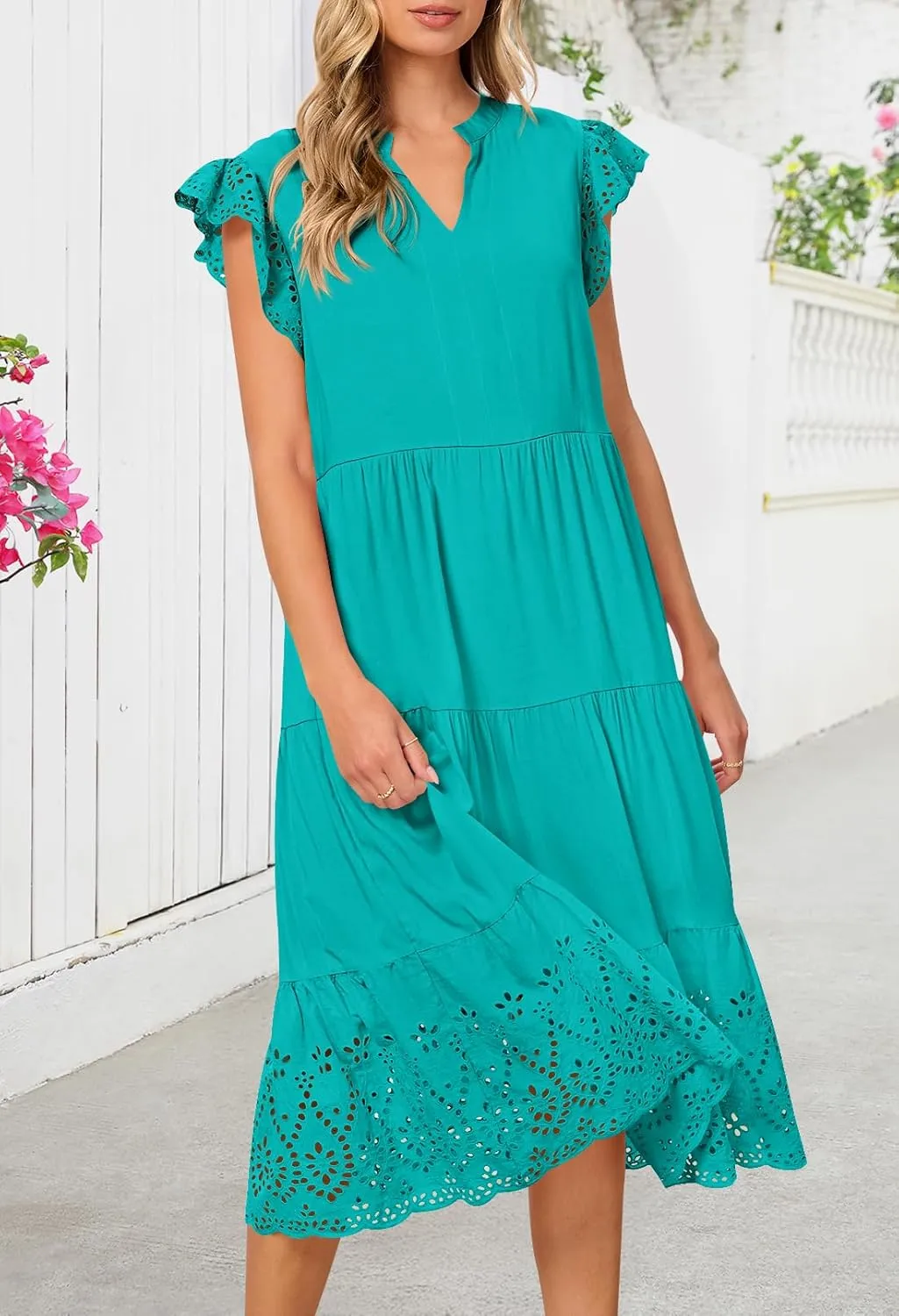 MEROKEETY Women's 2025 Summer Short Sleeve Midi Dress V Neck A-Line Ruffle Tiered Eyelet Casual Dresses