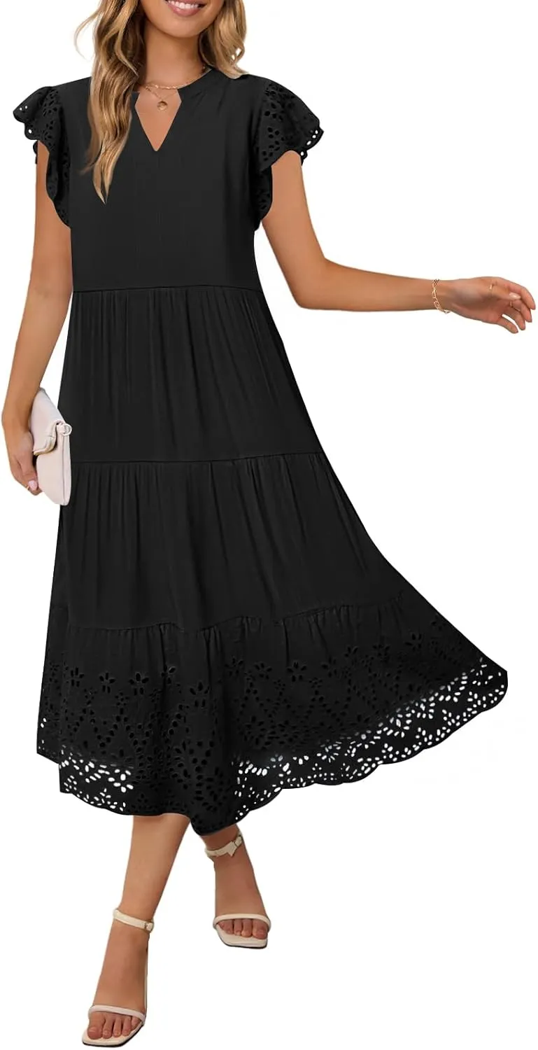 MEROKEETY Women's 2025 Summer Short Sleeve Midi Dress V Neck A-Line Ruffle Tiered Eyelet Casual Dresses