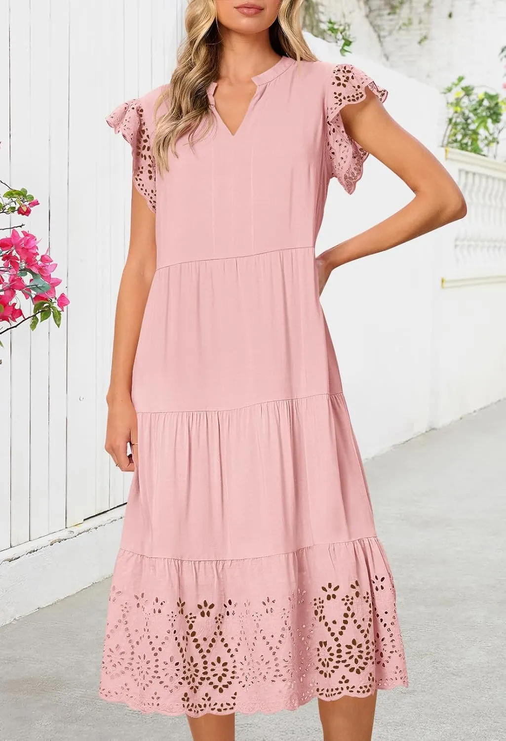 MEROKEETY Women's 2025 Summer Short Sleeve Midi Dress V Neck A-Line Ruffle Tiered Eyelet Casual Dresses
