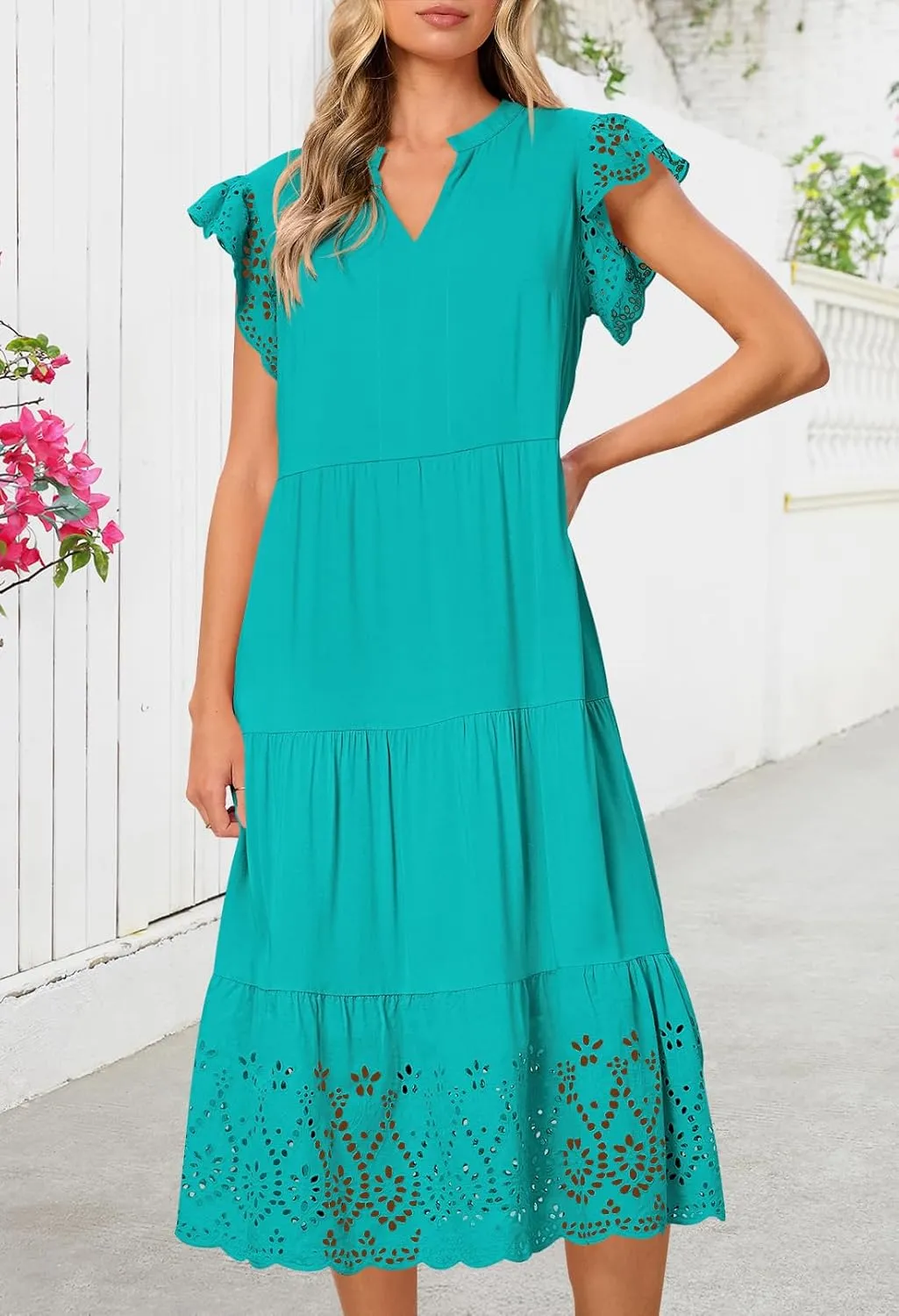 MEROKEETY Women's 2025 Summer Short Sleeve Midi Dress V Neck A-Line Ruffle Tiered Eyelet Casual Dresses