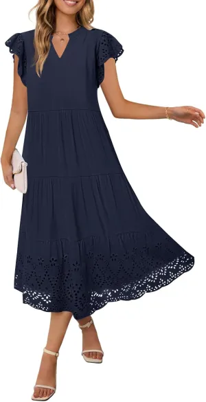 MEROKEETY Women's 2025 Summer Short Sleeve Midi Dress V Neck A-Line Ruffle Tiered Eyelet Casual Dresses