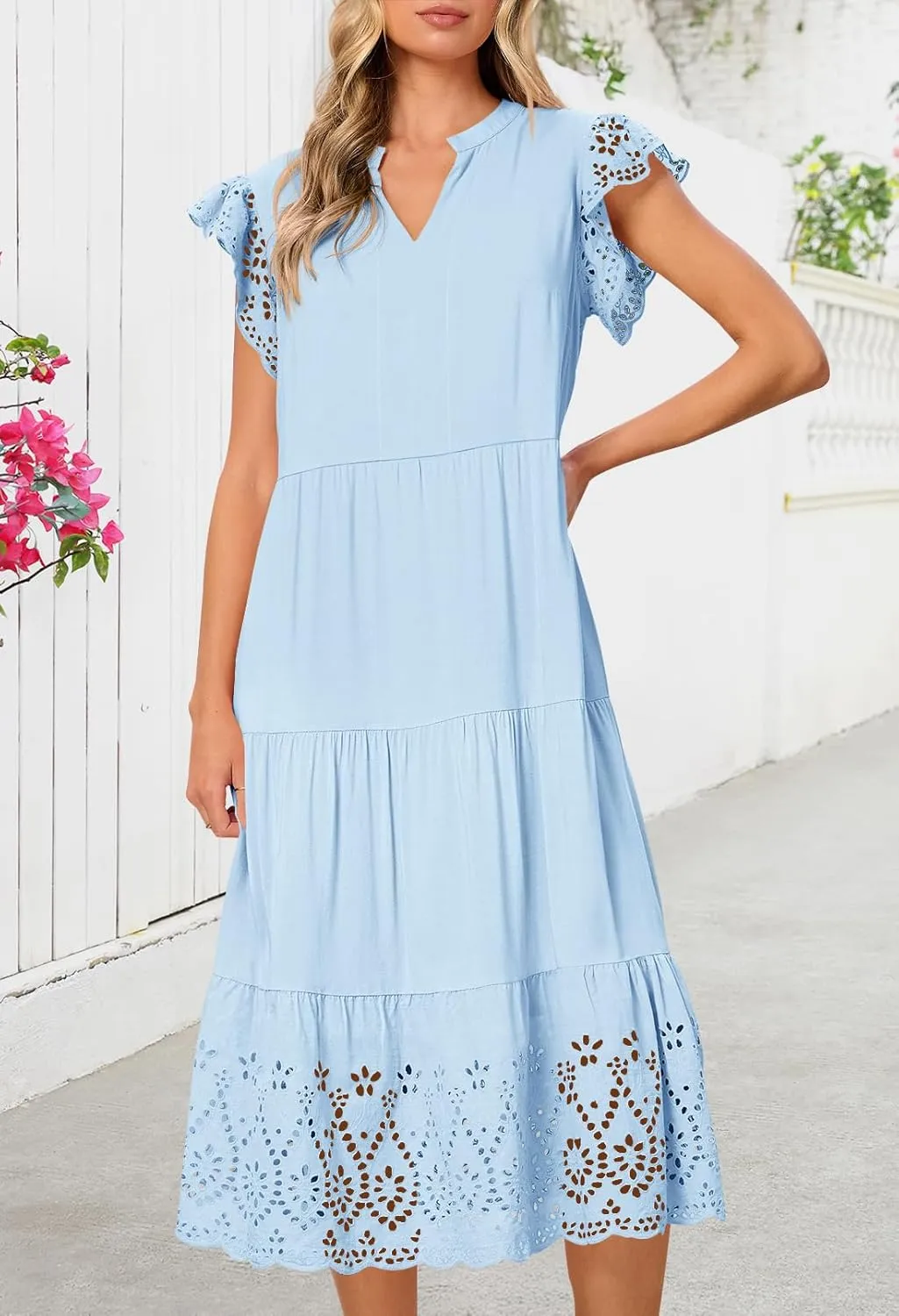 MEROKEETY Women's 2025 Summer Short Sleeve Midi Dress V Neck A-Line Ruffle Tiered Eyelet Casual Dresses