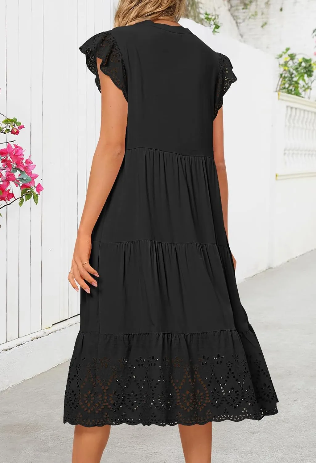 MEROKEETY Women's 2025 Summer Short Sleeve Midi Dress V Neck A-Line Ruffle Tiered Eyelet Casual Dresses