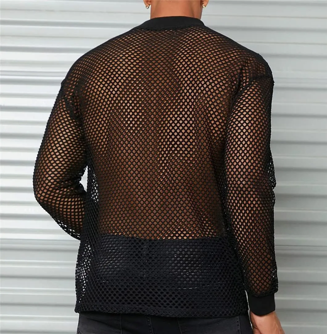 Mesh T-Shirt for Men Solid Color See-Through Fishnet Tops Hollow Transparent Undershirt Camisetas