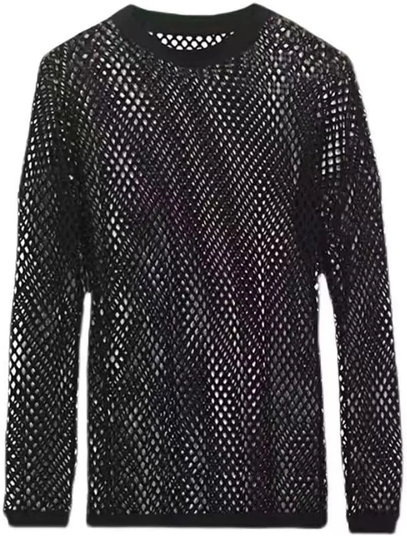 Mesh T-Shirt for Men Solid Color See-Through Fishnet Tops Hollow Transparent Undershirt Camisetas