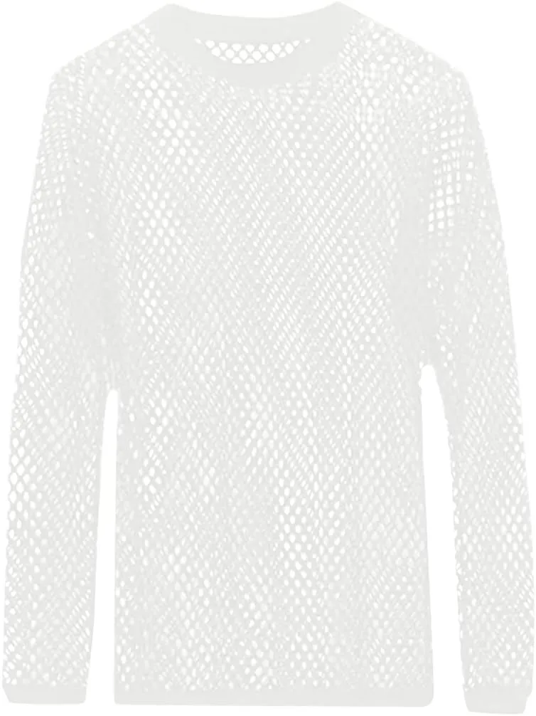 Mesh T-Shirt for Men Solid Color See-Through Fishnet Tops Hollow Transparent Undershirt Camisetas