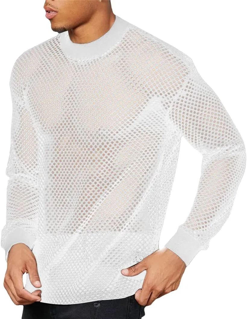 Mesh T-Shirt for Men Solid Color See-Through Fishnet Tops Hollow Transparent Undershirt Camisetas