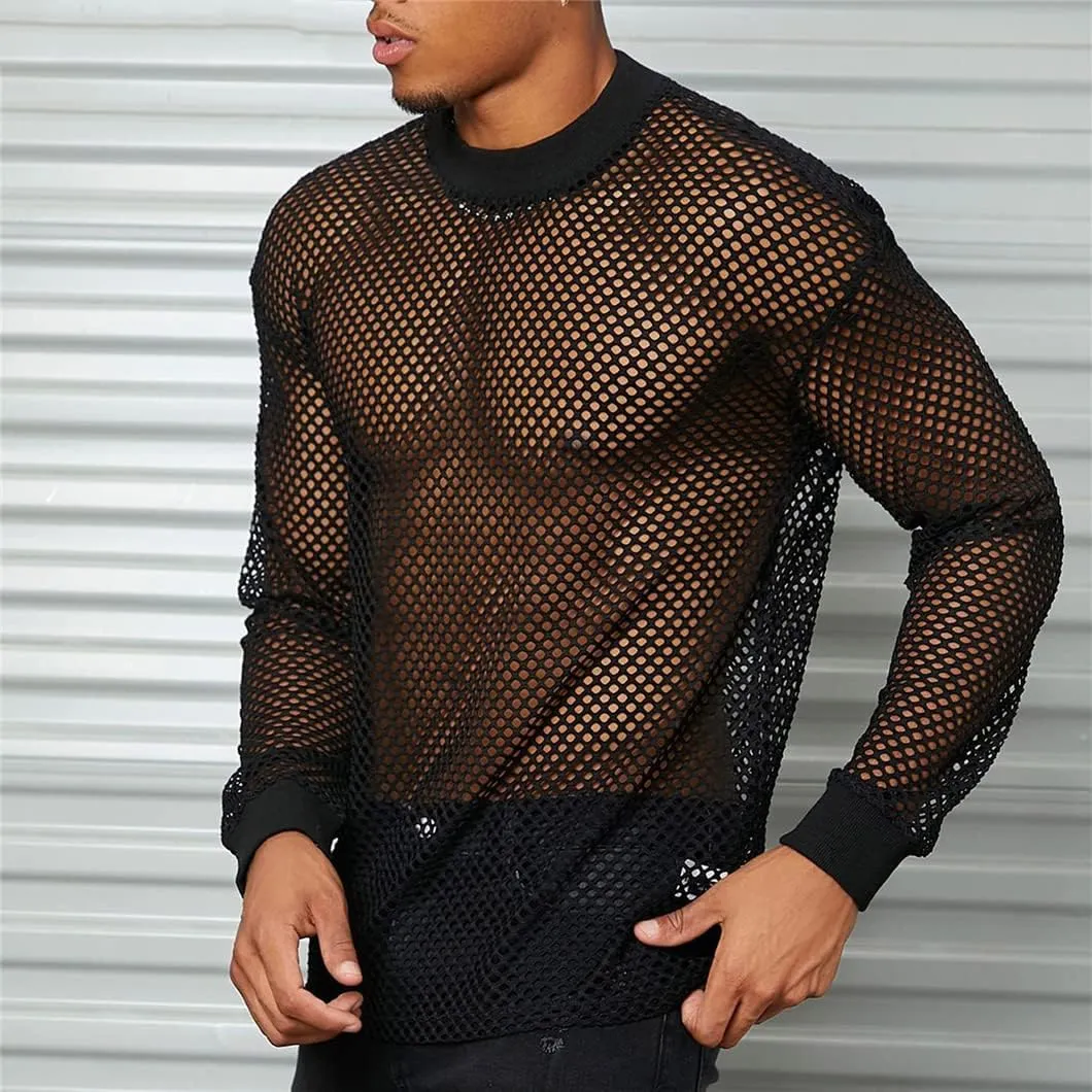 Mesh T-Shirt for Men Solid Color See-Through Fishnet Tops Hollow Transparent Undershirt Camisetas