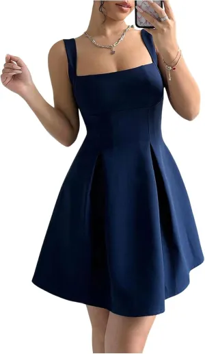 Milumia Women Square Neck Halter Dress Sleeveless Flared A Line Mini Dresses
