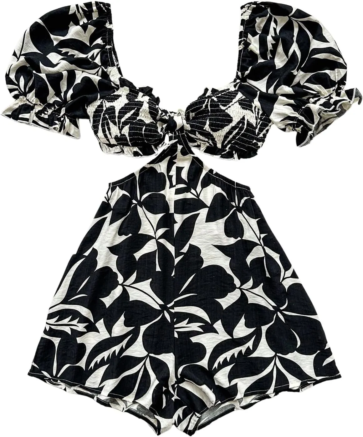 Milumia Women's Boho Floral Print Rompers Cut Out Puff Short Sleeve Shorts Jumpsuit