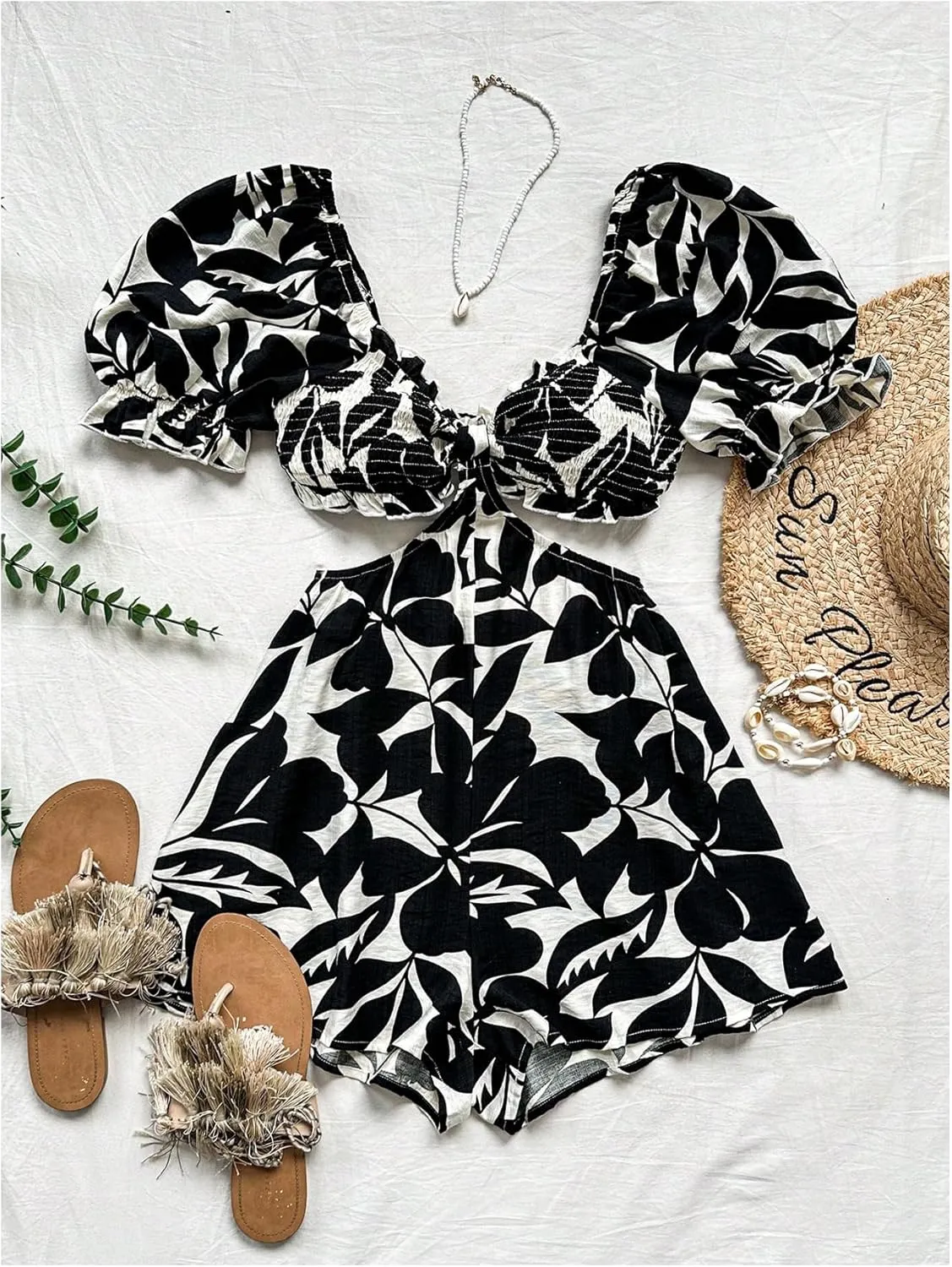 Milumia Women's Boho Floral Print Rompers Cut Out Puff Short Sleeve Shorts Jumpsuit