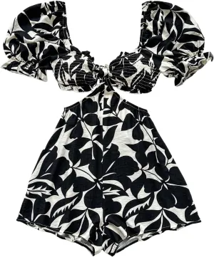 Milumia Women's Boho Floral Print Rompers Cut Out Puff Short Sleeve Shorts Jumpsuit