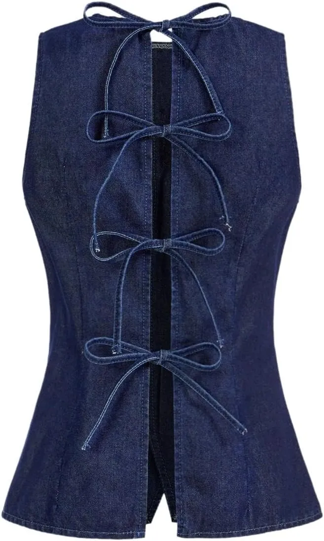 Milumia Women's Button Front Denim Vest Sleeveless Crew Neck Tie Back Tank Tops