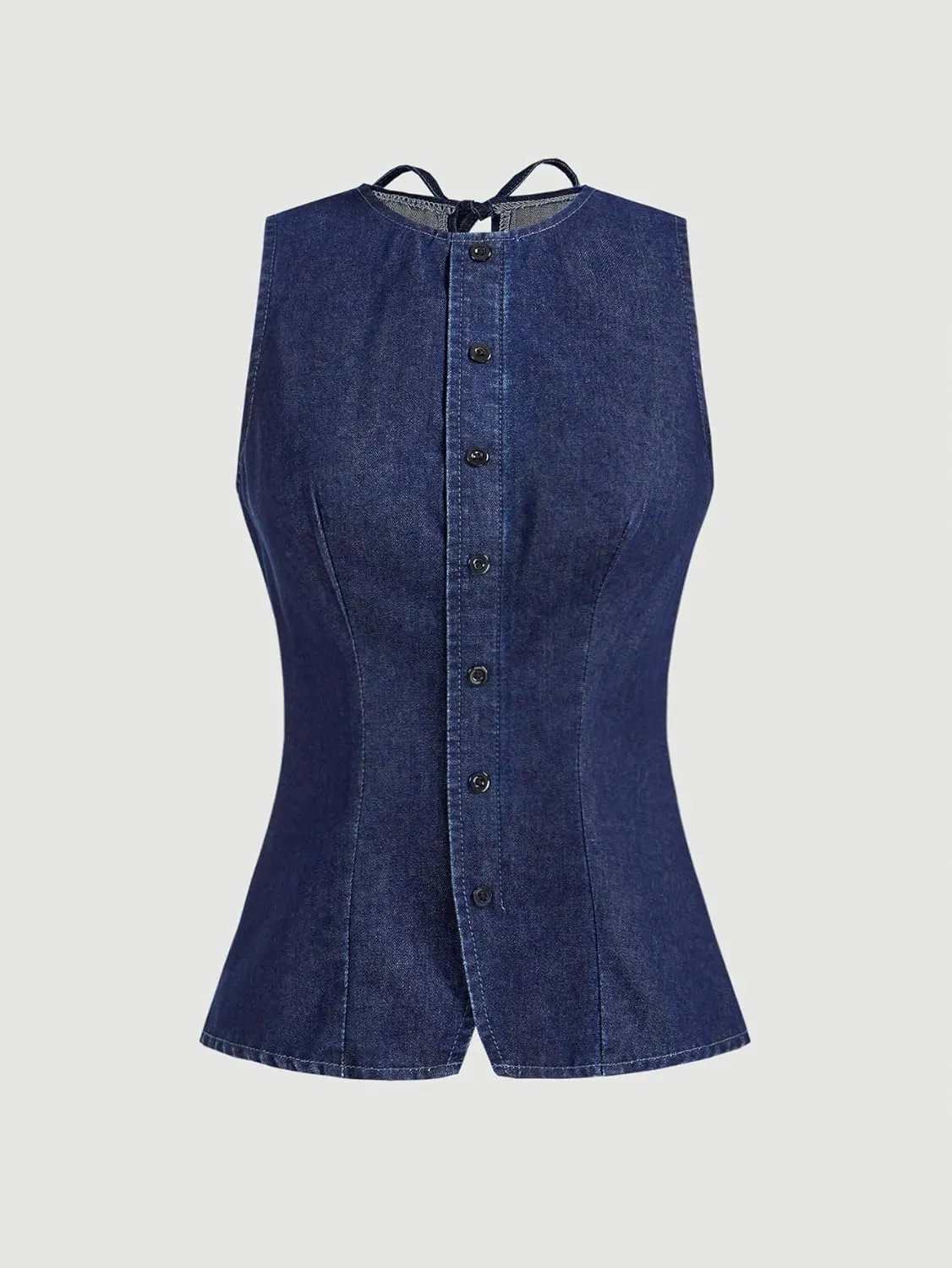 Milumia Women's Button Front Denim Vest Sleeveless Crew Neck Tie Back Tank Tops